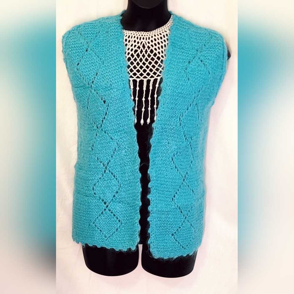 Vintage Hand Knit Handmade Turquoise Fuzzy Soft Mohair Open Sweater Vest L/XL